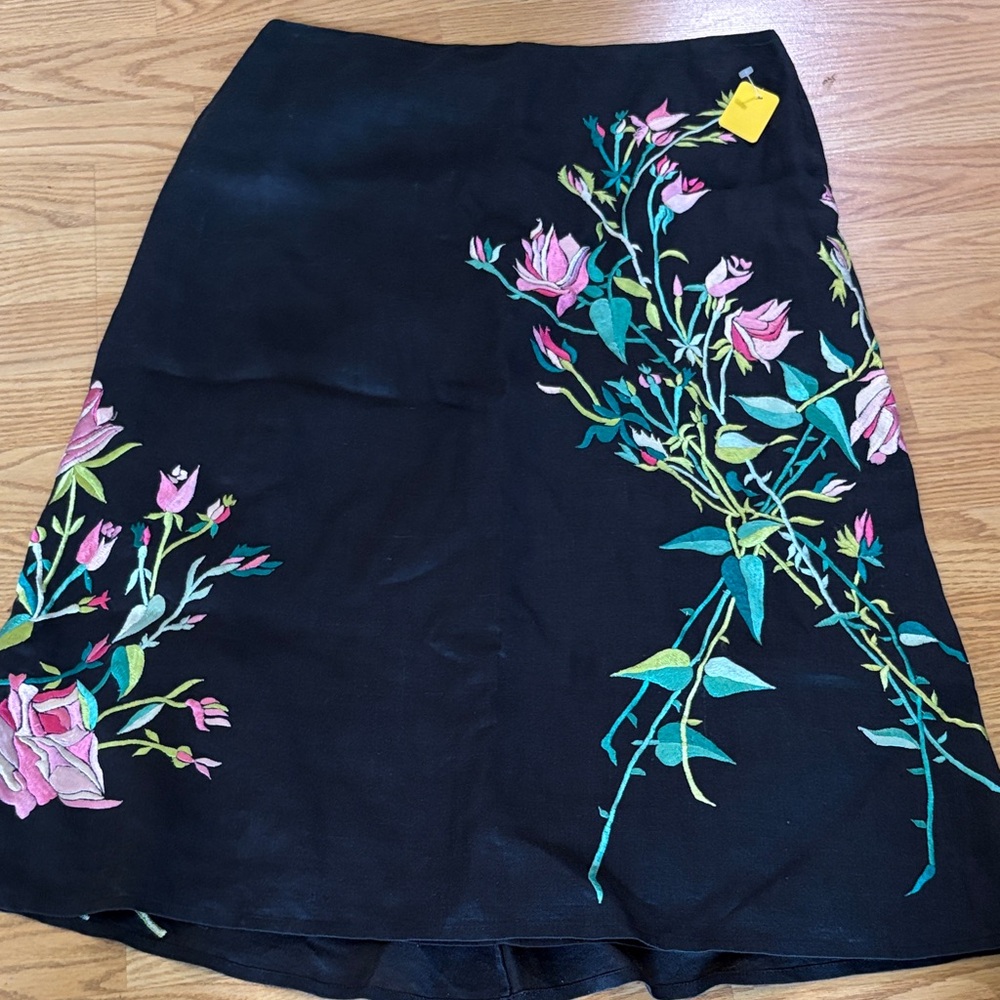 French Connection Black Skirt with Pink Floral Embroidery